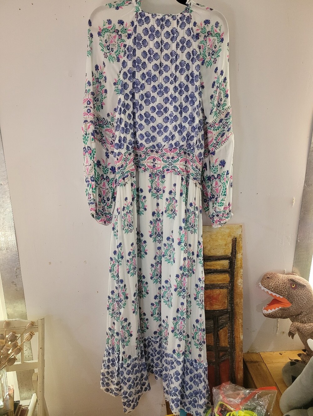 Chico's 3/16 Lukea White Maxi Dress Boho Peasant Blue Pink Floral Shell - Picture 4 of 7